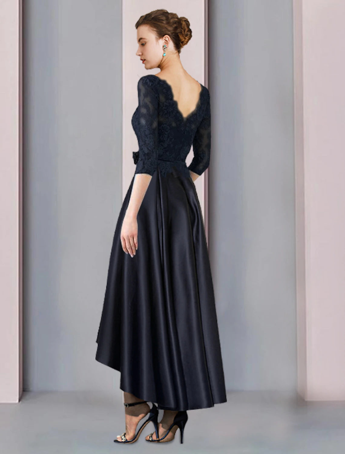 Wholesale  A-Line Mother of the Bride Dress Wedding Guest Elegant High Low Scoop Neck Asymmetrical Tea Length Satin Lace 3/4 Length Sleeve with Pleats Appliques Flower